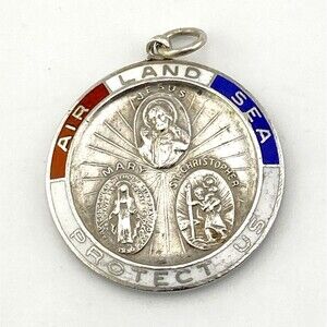 Vintage Sterling Silver Enamel Air Land Sea Catholic Protection Medal Pendant